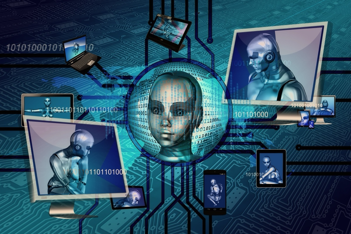 Central chrome cyborg head surrounded by laptops,
  tablets, phones, and monitors all showing other robotic figures, connected by circuit-board traces and streams of binary digits