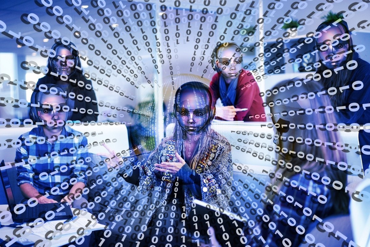 Office workers with chrome robotic face masks
  superimposed, streams of binary digits floating across the scene