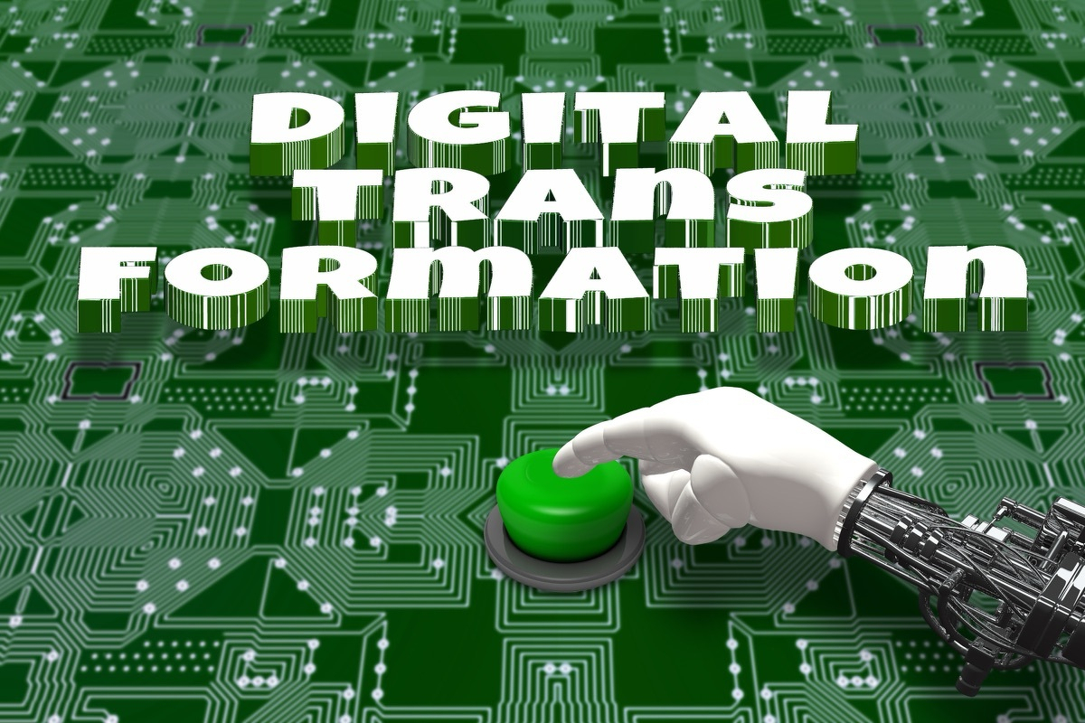 Robotic hand pressing a green button on a green
  circuit board background, with bold 3D letters spelling 'DIGITAL TRANSFORMATION'