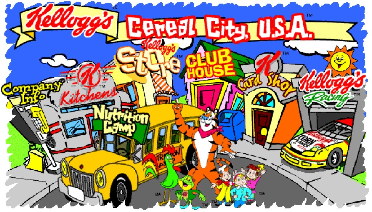 Kellogg's Cereal City website circa 1997. A vibrant illustration features Kellogg's Cereal City attractions, including Tony the Tiger dancing with children, surrounded by colorful buildings and a race car.