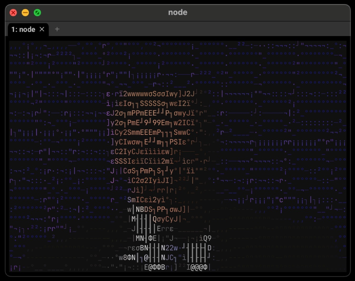 ASCII-art Max Headroom rendered in dotted blue characters inside a terminal window titled 'node'