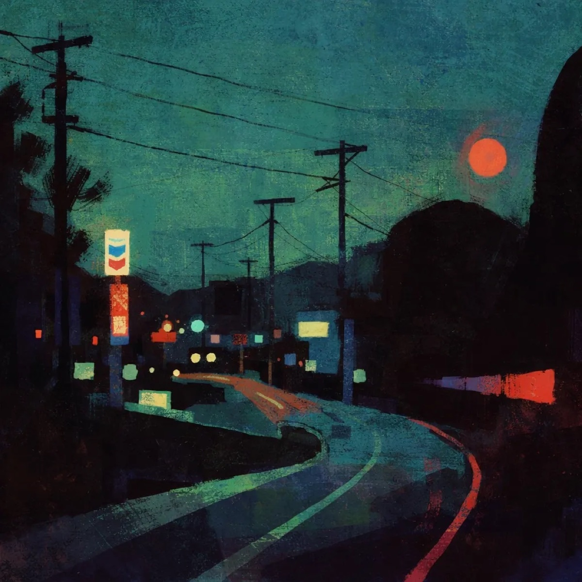 Stylized illustration of a darkened street at dusk: utility poles and power lines crisscross a teal-green sky with an orange sun setting behind a dark hillside. A glowing Chevron sign and scattered storefront lights dot a curving wet road, with a red-tipped traffic cone in the foreground.