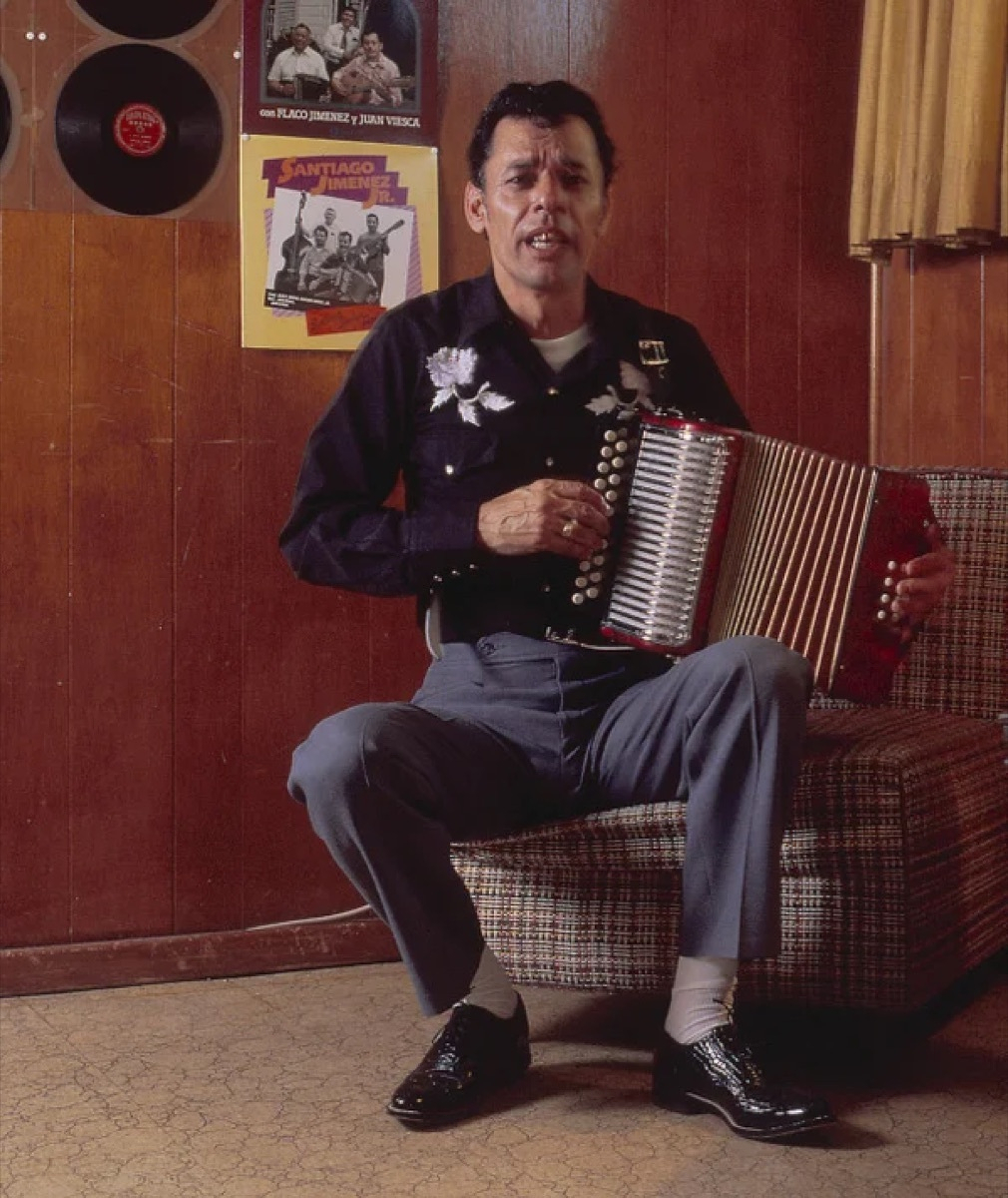 Texas-Mexican accordion player Santiago Jimenez Sr. with his accordion.
