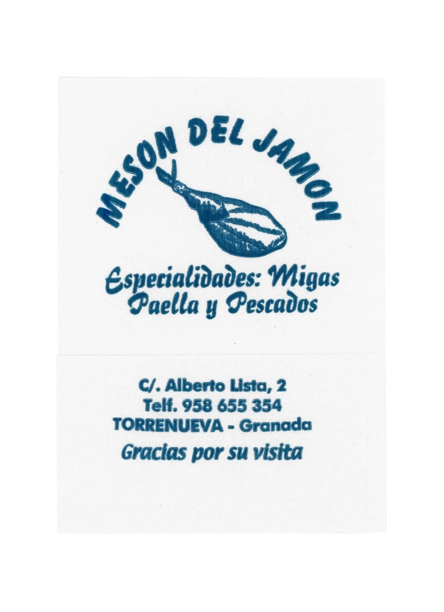 Stack of paper napkins printed with the Meson del Jamon restaurant logo from Torrenueva, Granada.