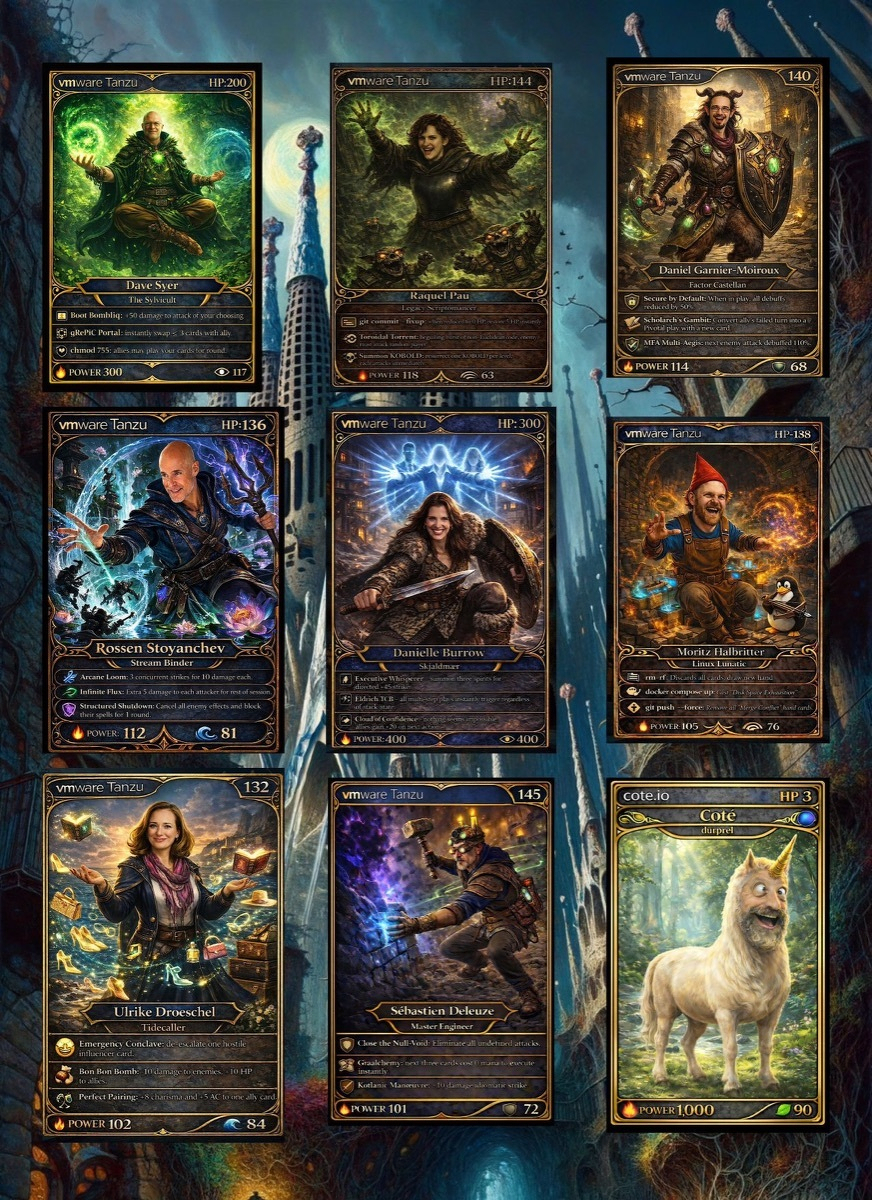 A nine-card grid of ornate fantasy-style Tanzu trading cards in vivid colors, each card showing a portrait of a Tanzu figure framed in metallic borders with stats and elemental icons.