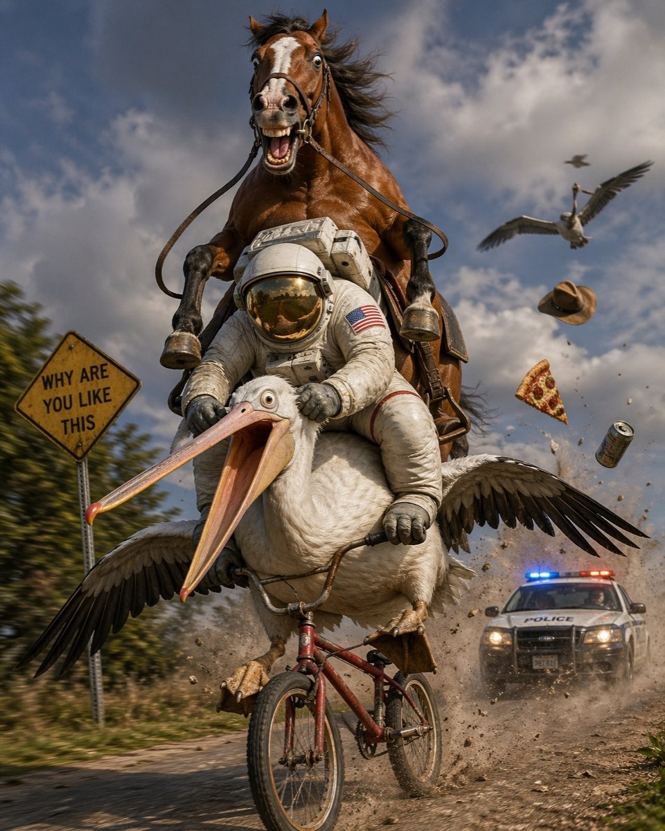 AI-generated absurdist scene: a brown horse rears over a panicked astronaut who rides a pelican mounted on a bicycle. A yellow road sign reads 'WHY ARE YOU LIKE THIS.' Debris - a slice of pizza, a can, a cowboy hat - flies through the air. A police car pursues in the background.