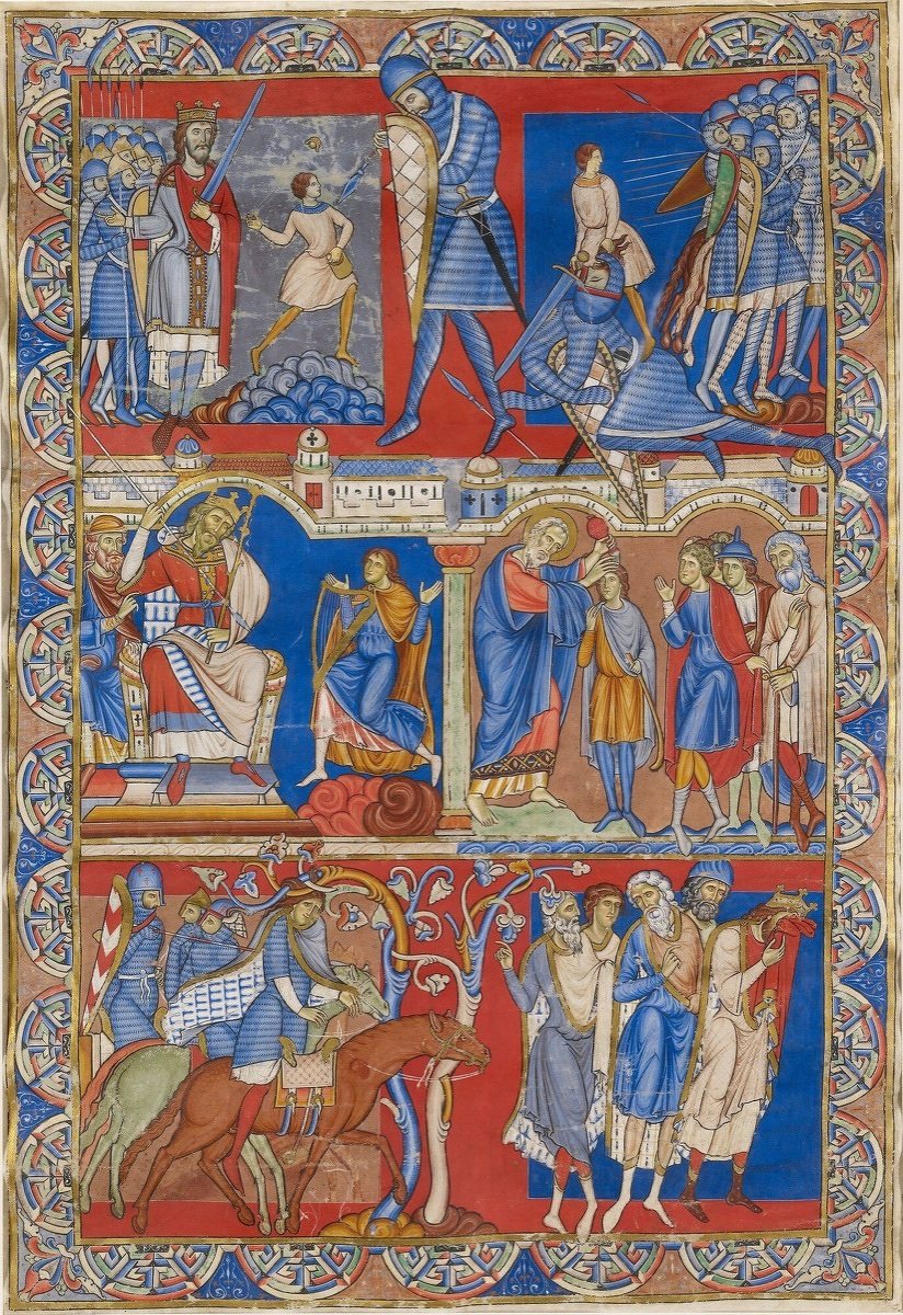 Illuminated manuscript page from the 12th-century Winchester Bible, showing decorative initials and figures in gold and pigment
