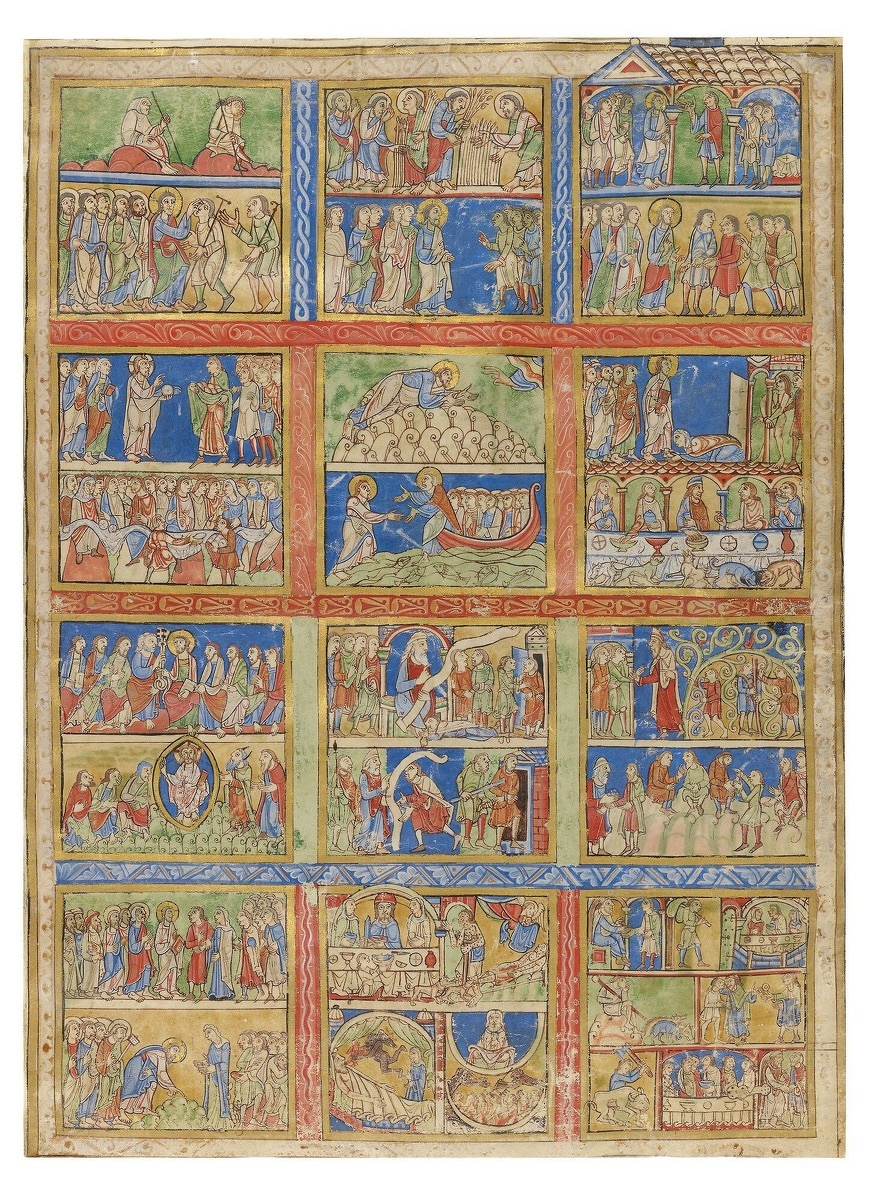 Illuminated initial from the 12th-century Winchester Bible, ornate scrollwork in gold and lapis blue