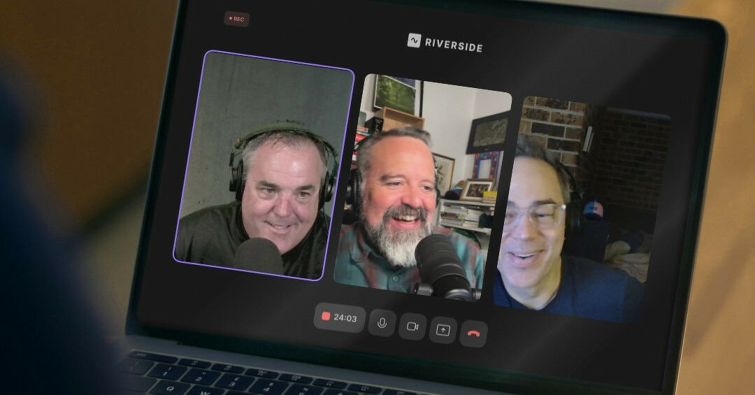 Laptop screen showing a Riverside podcast recording session with three participants wearing headphones and speaking into microphones.