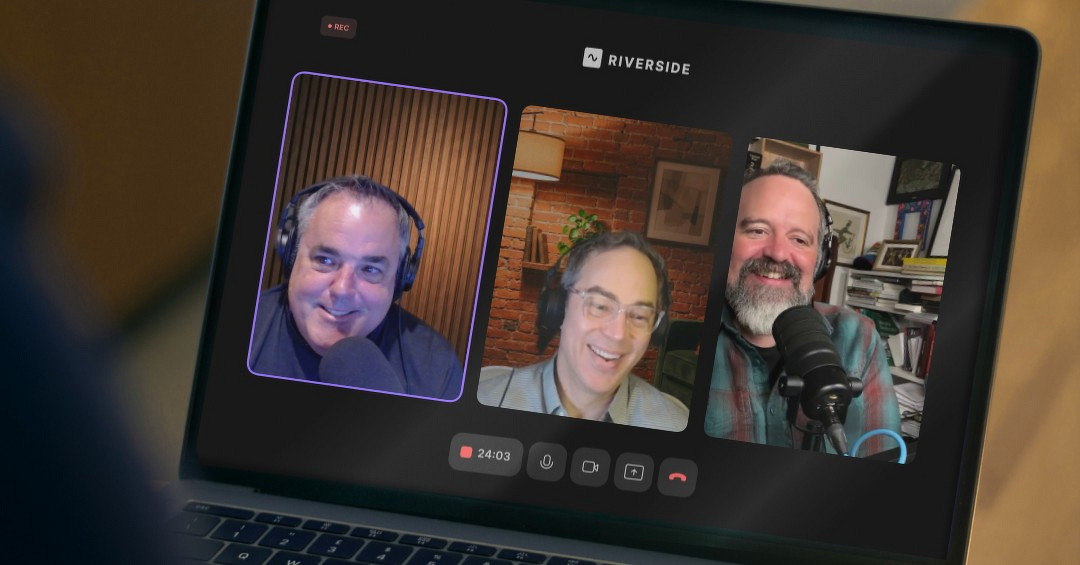 Three people are engaged in an online video call, each using headphones and microphones. It is a Software Defined Tech podcast recording with Brandon, Matt, and Coté.