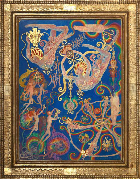 A vibrant and intricate painting featuring abstract, swirling forms and human figures set against a deep blue background. The Creative Power of the Spirit, No. 31 of A Goodly Company series, 1920–1933 by Ethel le Rossignol.