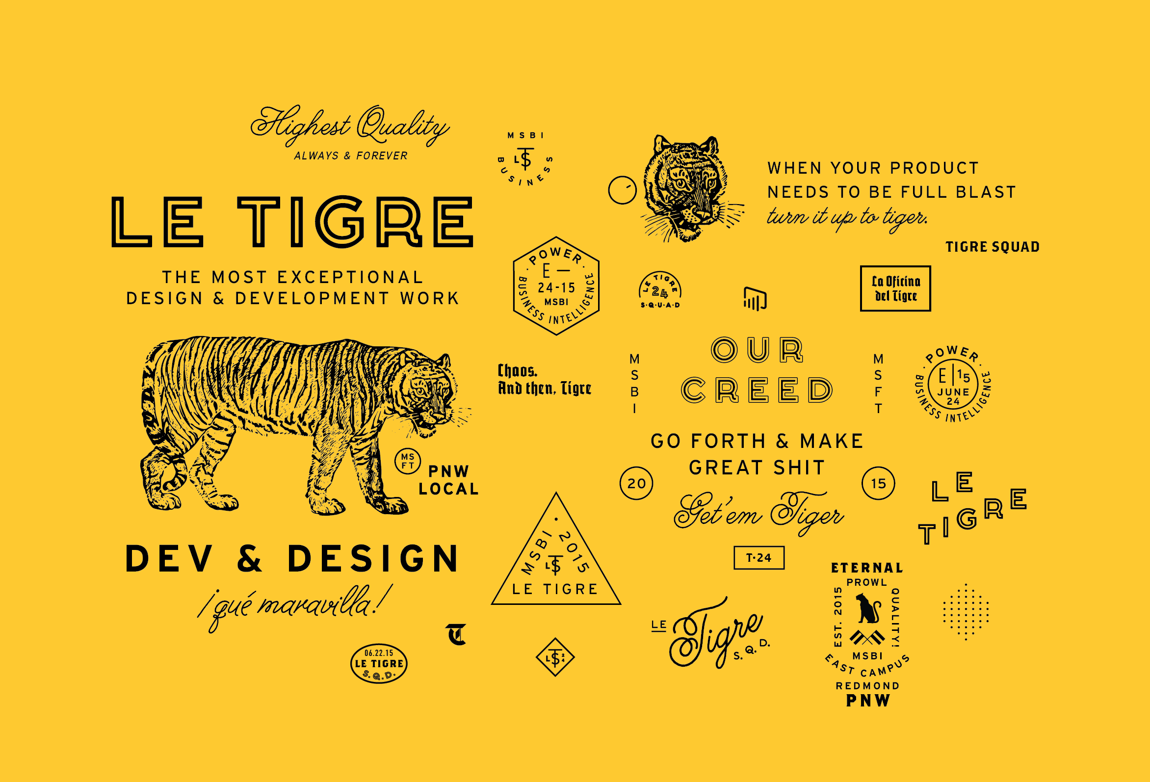 A yellow graphic features various design elements, including a tiger illustration, text snippets such as LE TIGRE and DEV & DESIGN, and several logos and symbols. Melany Lane typeface, designed by Ryan Martinson.