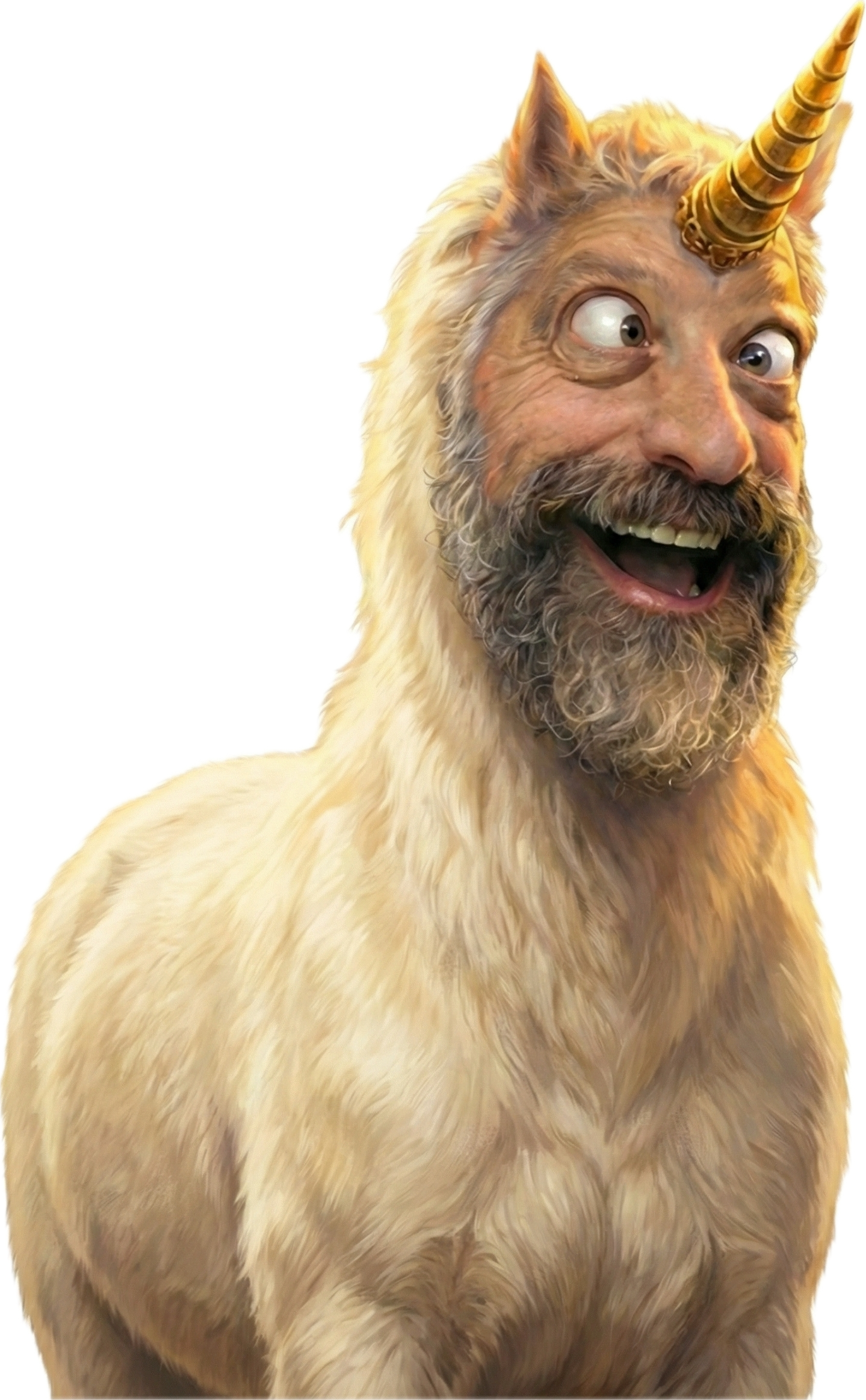 Auto-generated description: A mythical creature with a human face, goatlike body, and a unicorn horn appears in a humorous and surreal illustration. AI generated based on actual photograph of Coté.