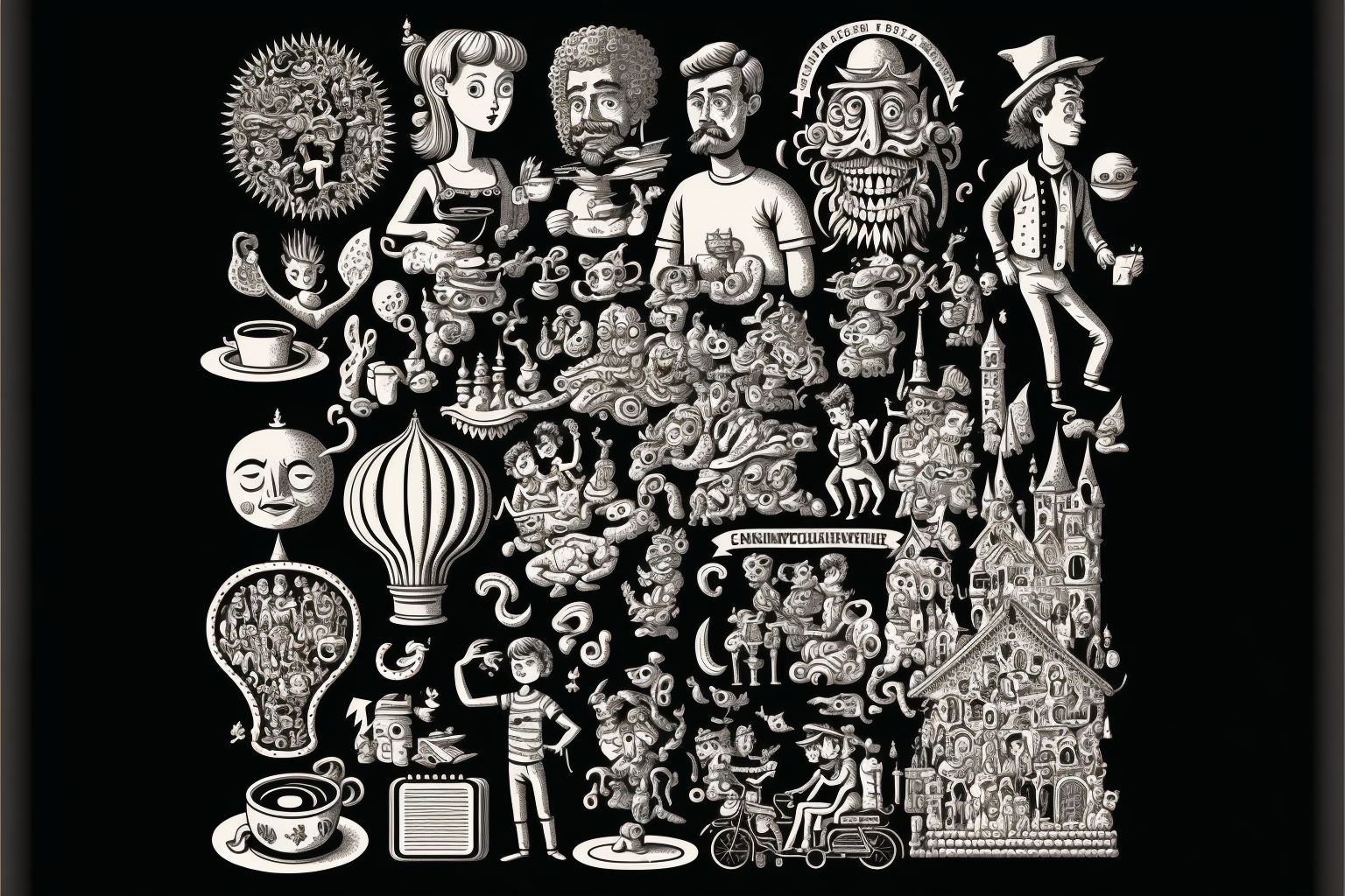 collection intricate paragraph seperators detailed filligree with toys computers tacos coffee trolls circus people and trinkets, woodcut collection intricate paragraph seperators detailed filligree with toys computers tacos coffee trolls circus people and trinkets, woodcut