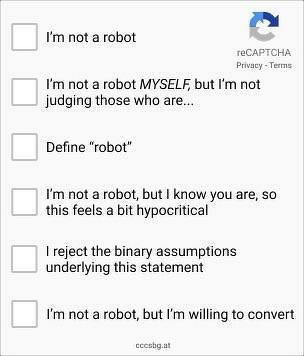 A humorous multiple-choice CAPTCHA asking users to declare they're not a robot in various witty ways