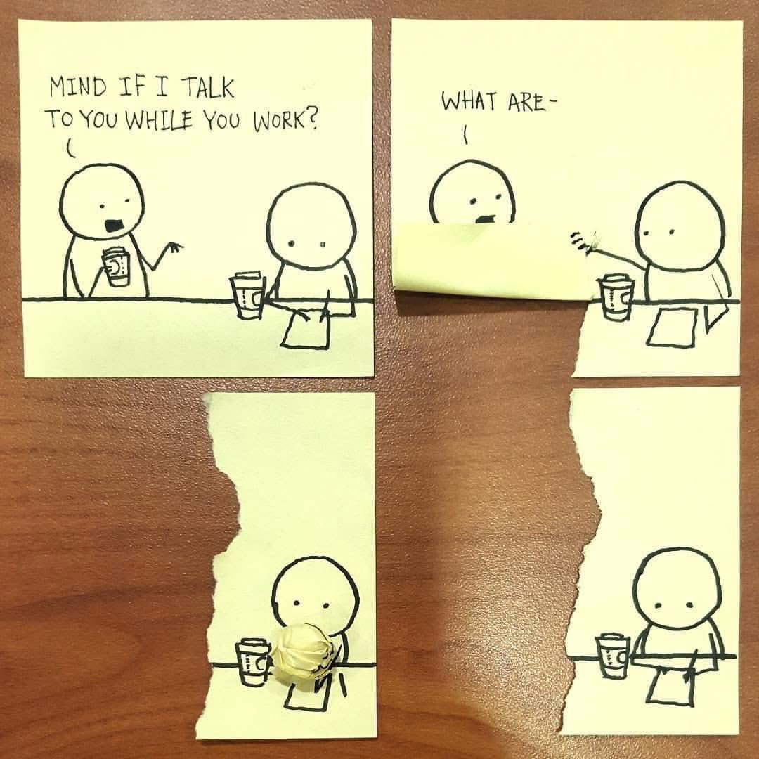 Auto-generated description: A four-panel comic features a conversation between two stick figures, where one is interrupted while working, resulting in a humorous ending with a crumpled sticky note.
