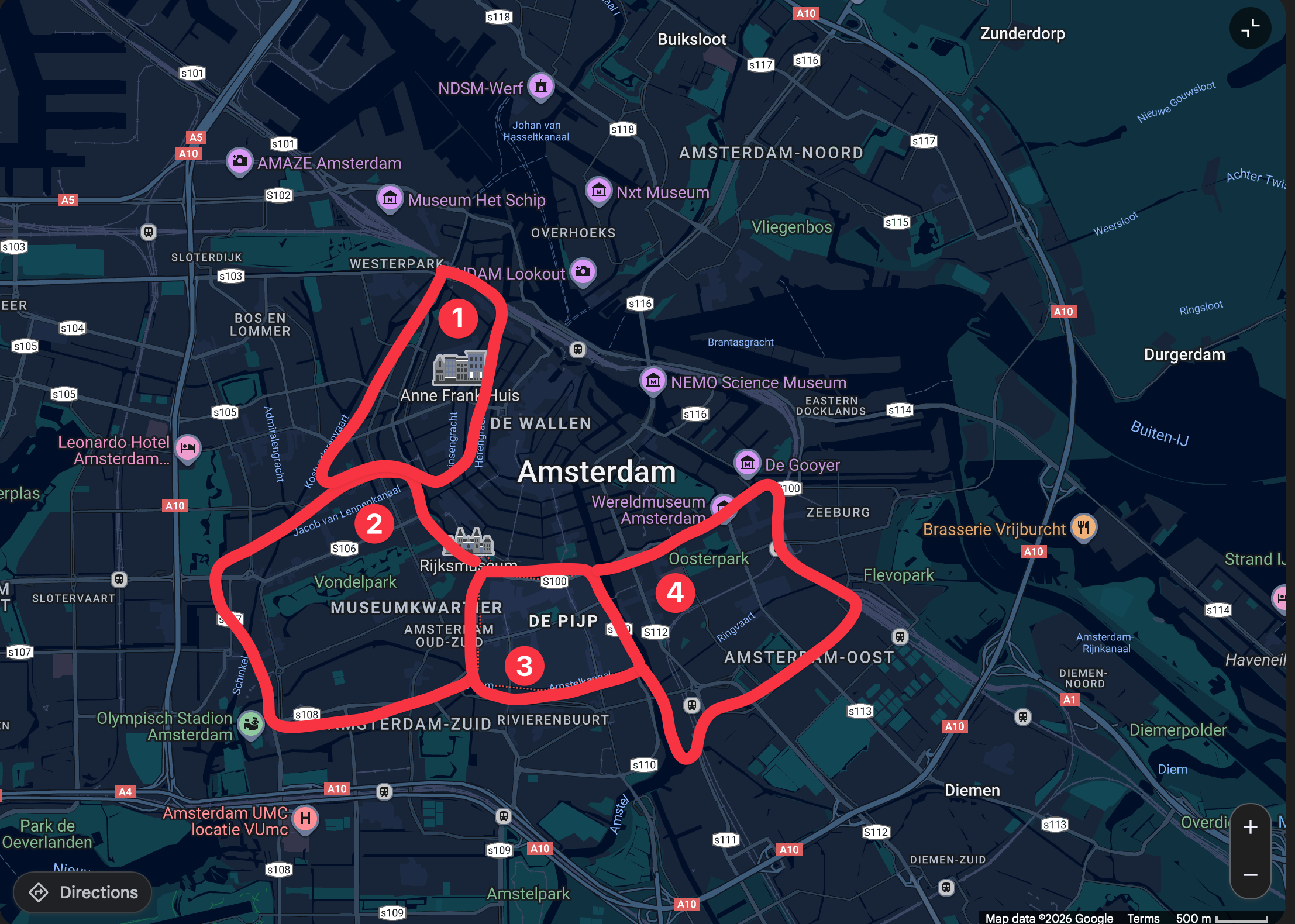 Auto-generated description: A map of Amsterdam highlights five areas, including locations such as the Anne Frank House and Museumkwartier.