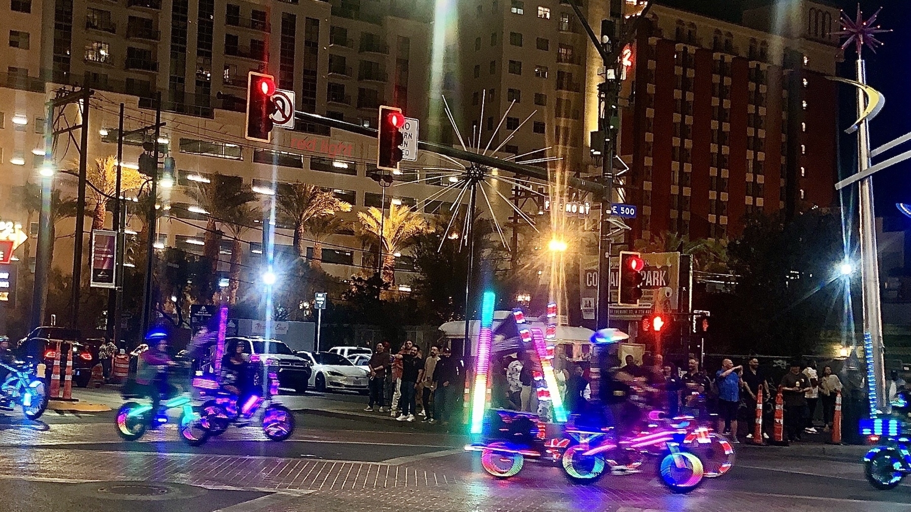 decorated bikes intersection night