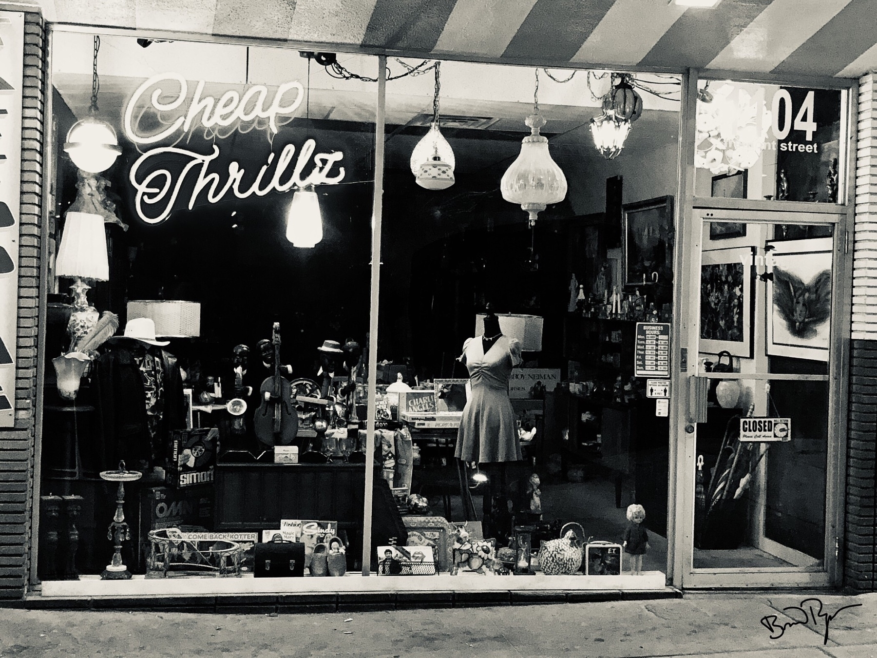 Store front, night, b/w, neon sign, Cheap Thrills