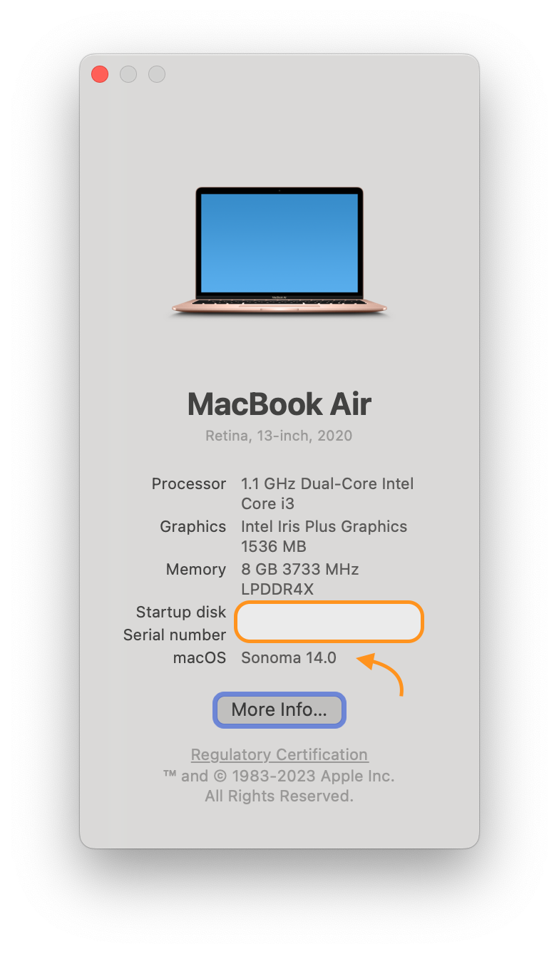 *About This Mac* dialog with OS: Sonoma 14.0 highlighted
