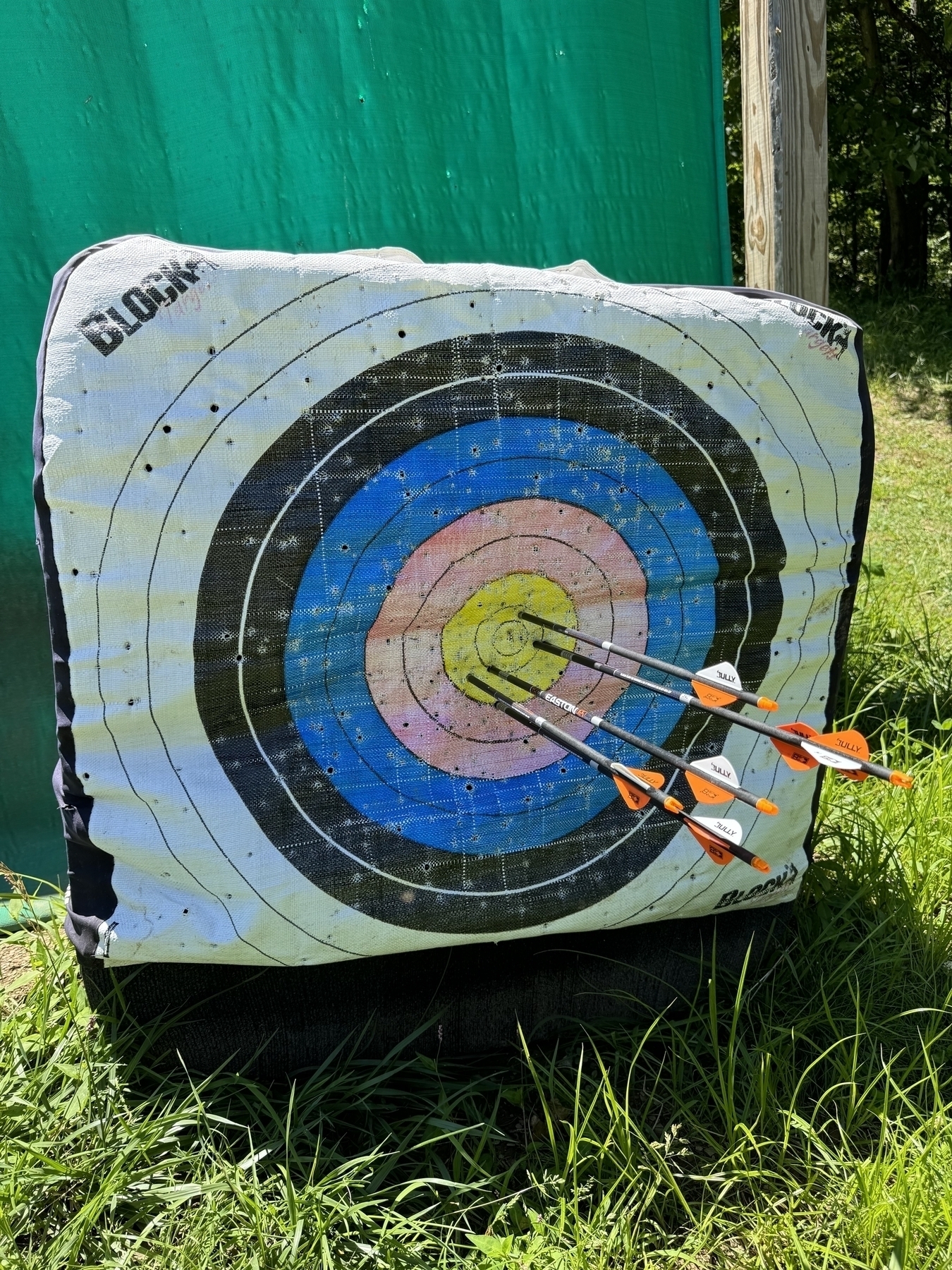 An archery target with 6 arrows in it, all of which hit the center-most “yellow” section of the target 