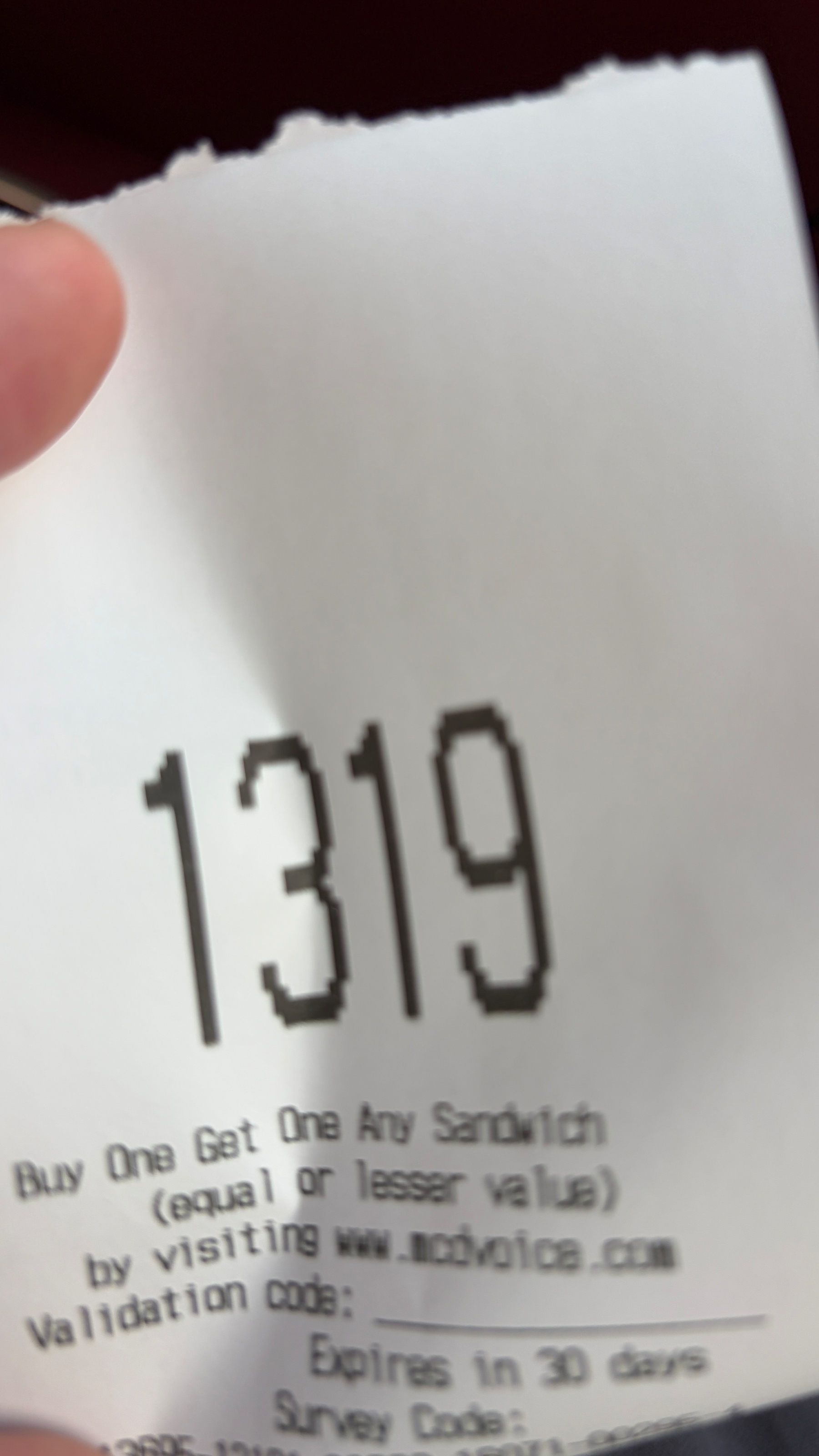 Receipt with “1319” printed in large numerals at the top