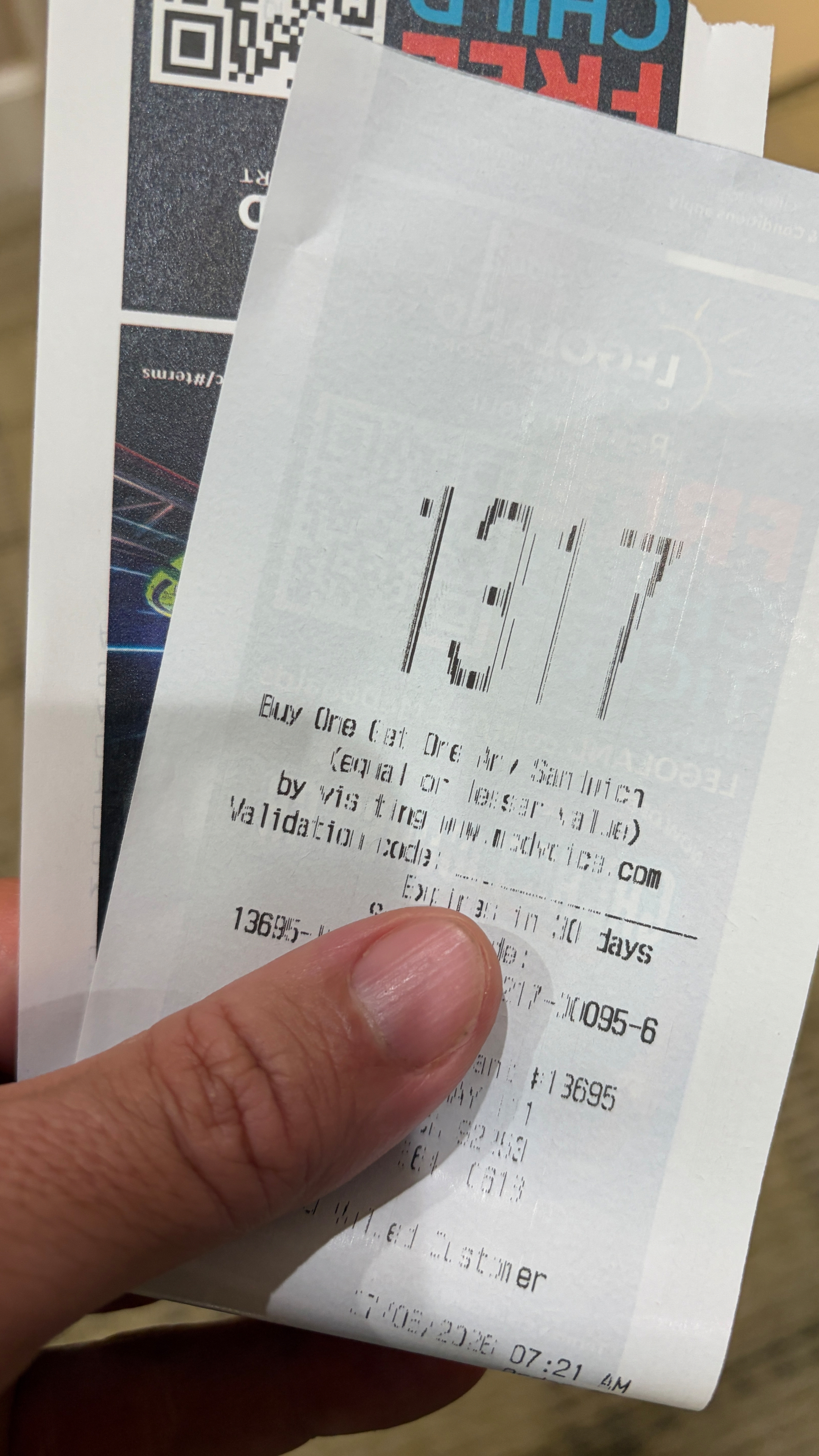 a receipt with “1317” printed in large numerals at the top