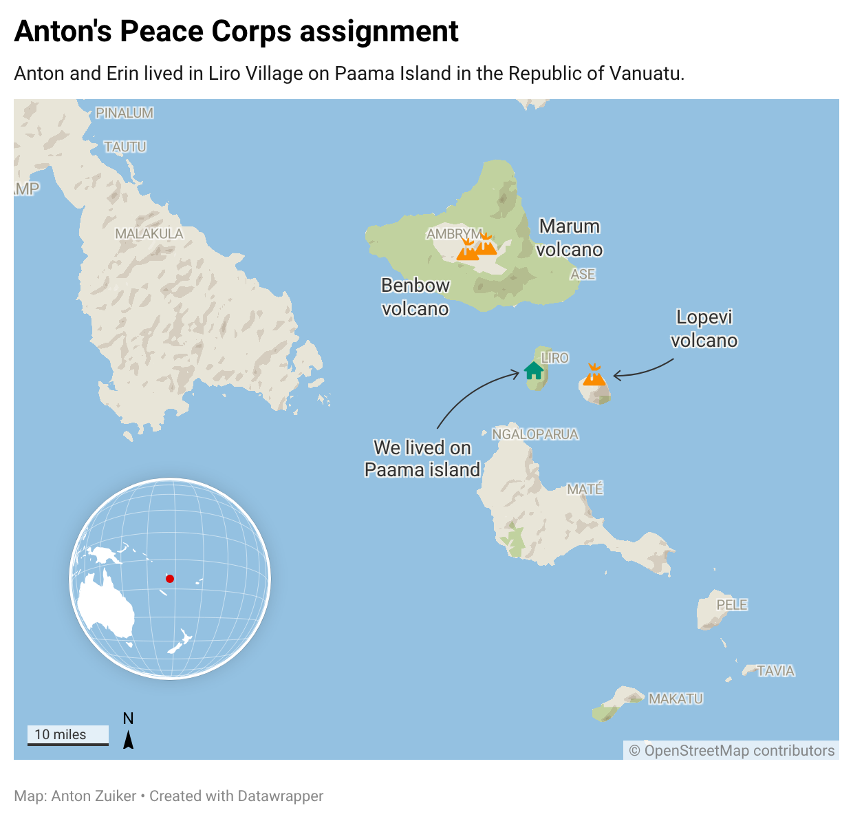 Auto-generated description: A map displays Paama Island and nearby areas with volcano locations and a note about living on Paama Island in Vanuatu.