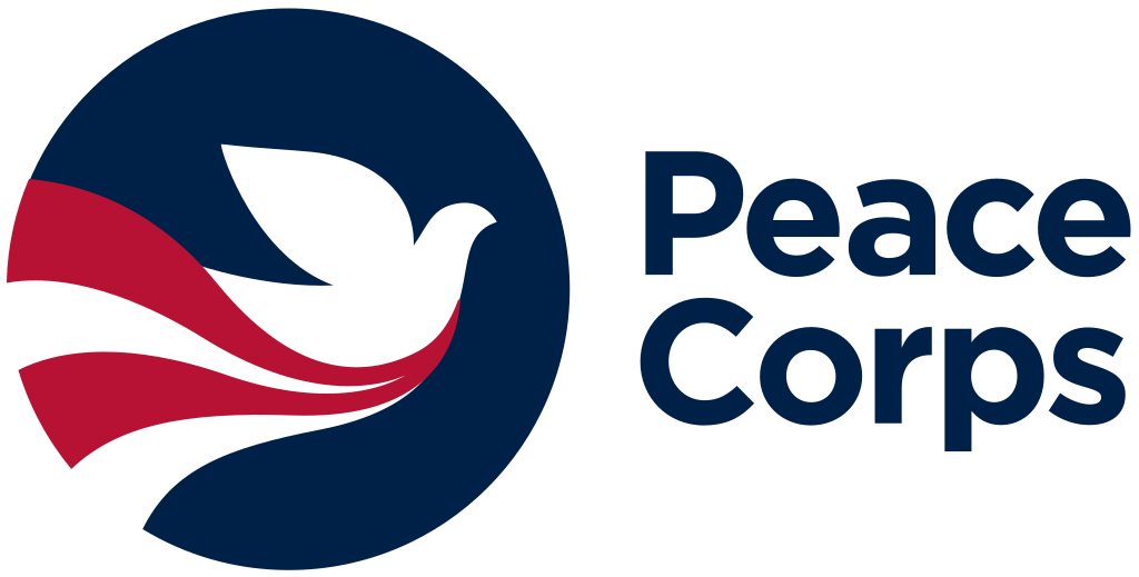 Logo of the Peace Corps featuring a white dove with red and blue curves on a dark blue circle, alongside the text Peace Corps.