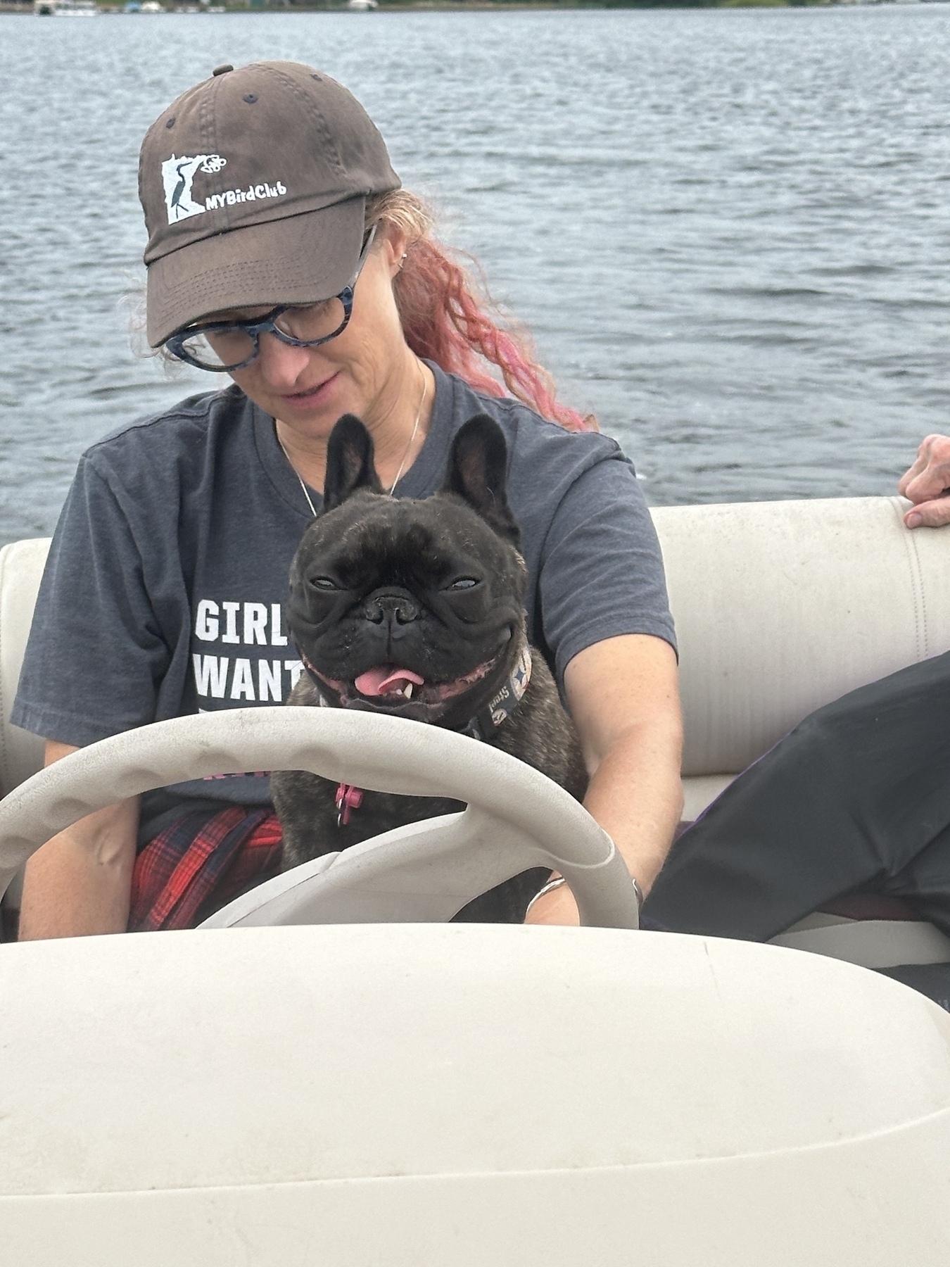 Juju the Frenchie helps drive the boat 