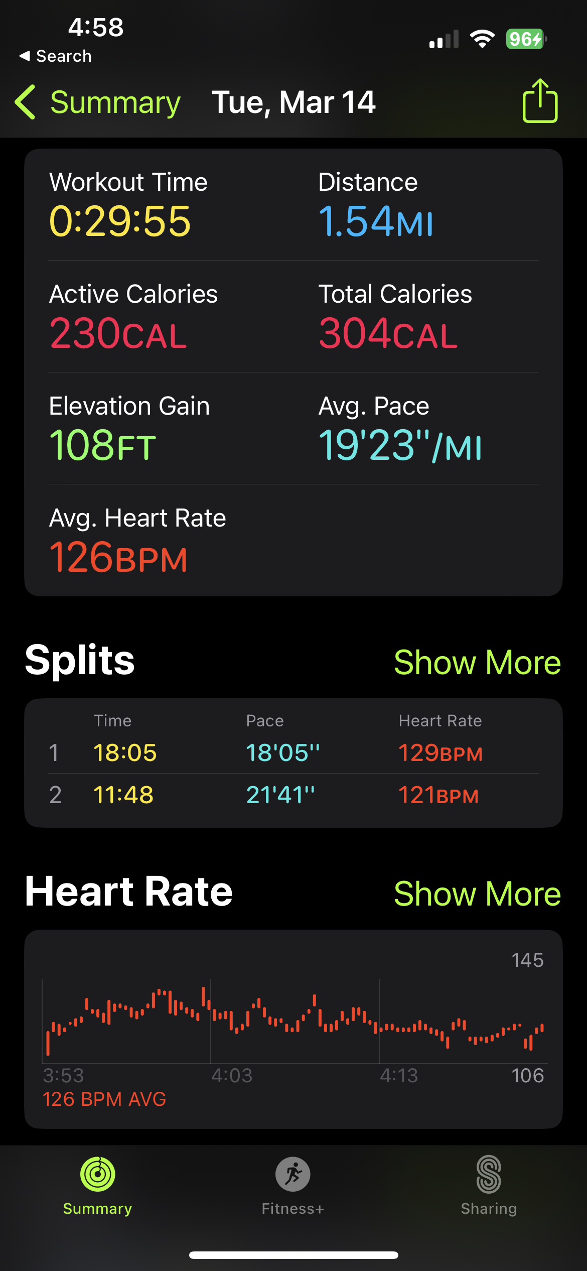 Details of my walk on March 14, 2023 in Apple Fitness. 1.54 miles in 29 minutes 55 seconds. First mile in 18 minutes and 5 seconds.