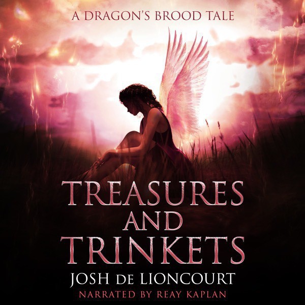 Treasures and Trinkets audiobook cover. A faerie girl sits in the woods at sunset, her face lost in shadow.