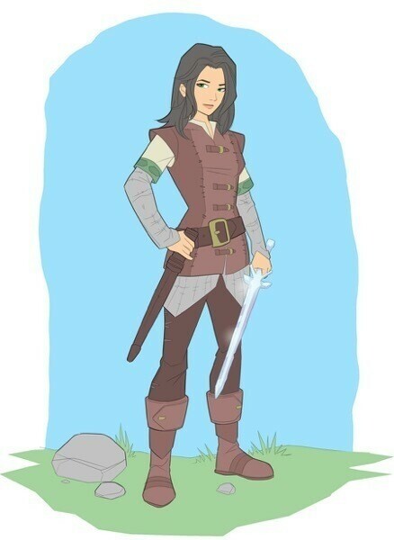 Emily Haven stands, wearing her chain-mail and leather and holding her crystal sword.