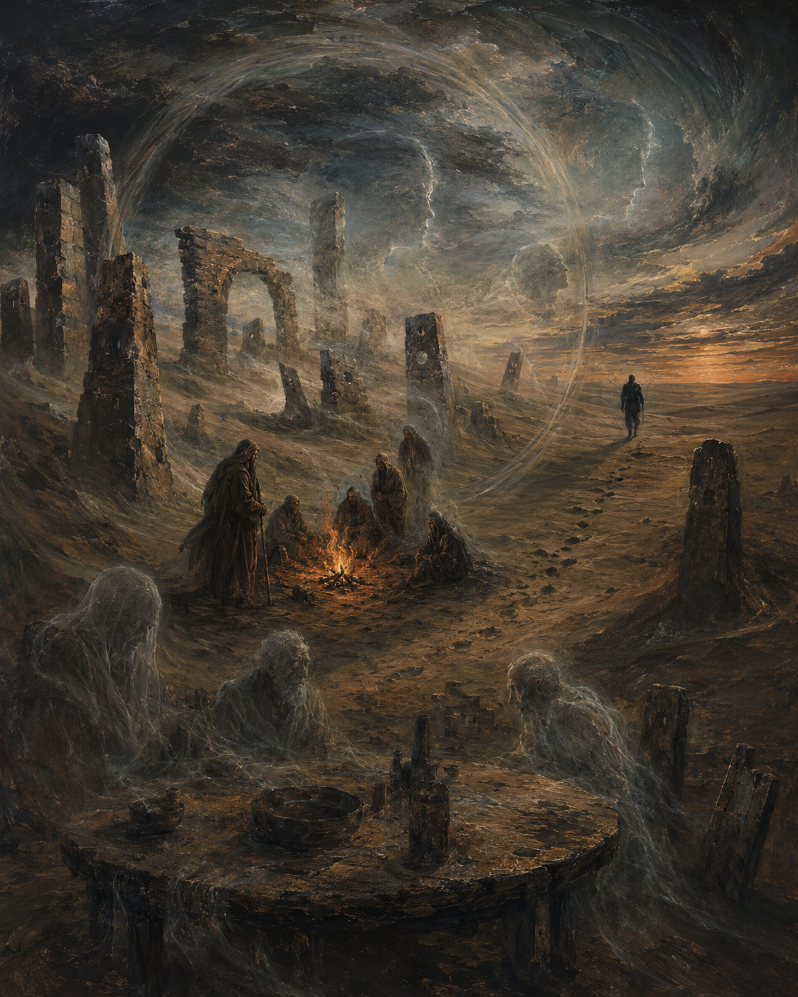 Auto-generated description: A desolate landscape with ancient ruins features ghostly figures gathered around a campfire and a lone person walking away under a swirling, ominous sky.