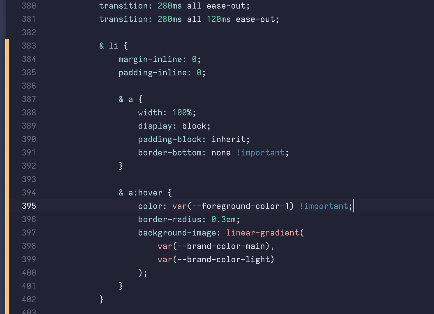 A screenshot of a fragment of CSS code in an editor window. The cursor is on the ‘!important’ value.
