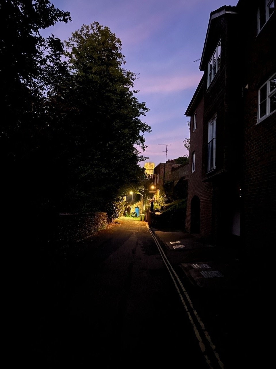 A view down a dark and quiet lane, at dusk. Near the end of the lane, in a pool of yellow light is a blue door. Above, a castle is lit up, appearing golden against a lavender coloured sky.