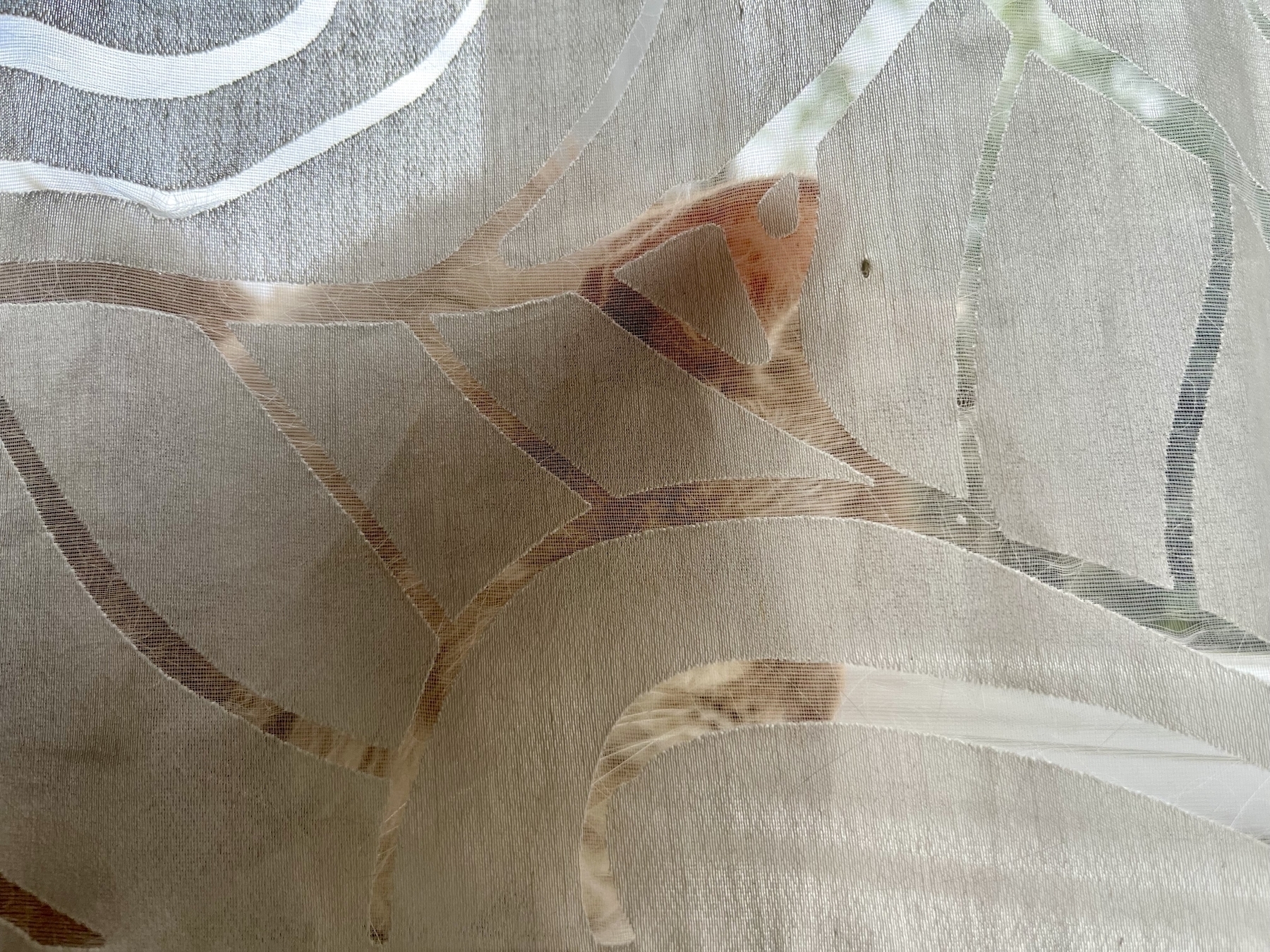 A pale orange cat sits on a windowsill in the sun, partially visible through a net curtain. 