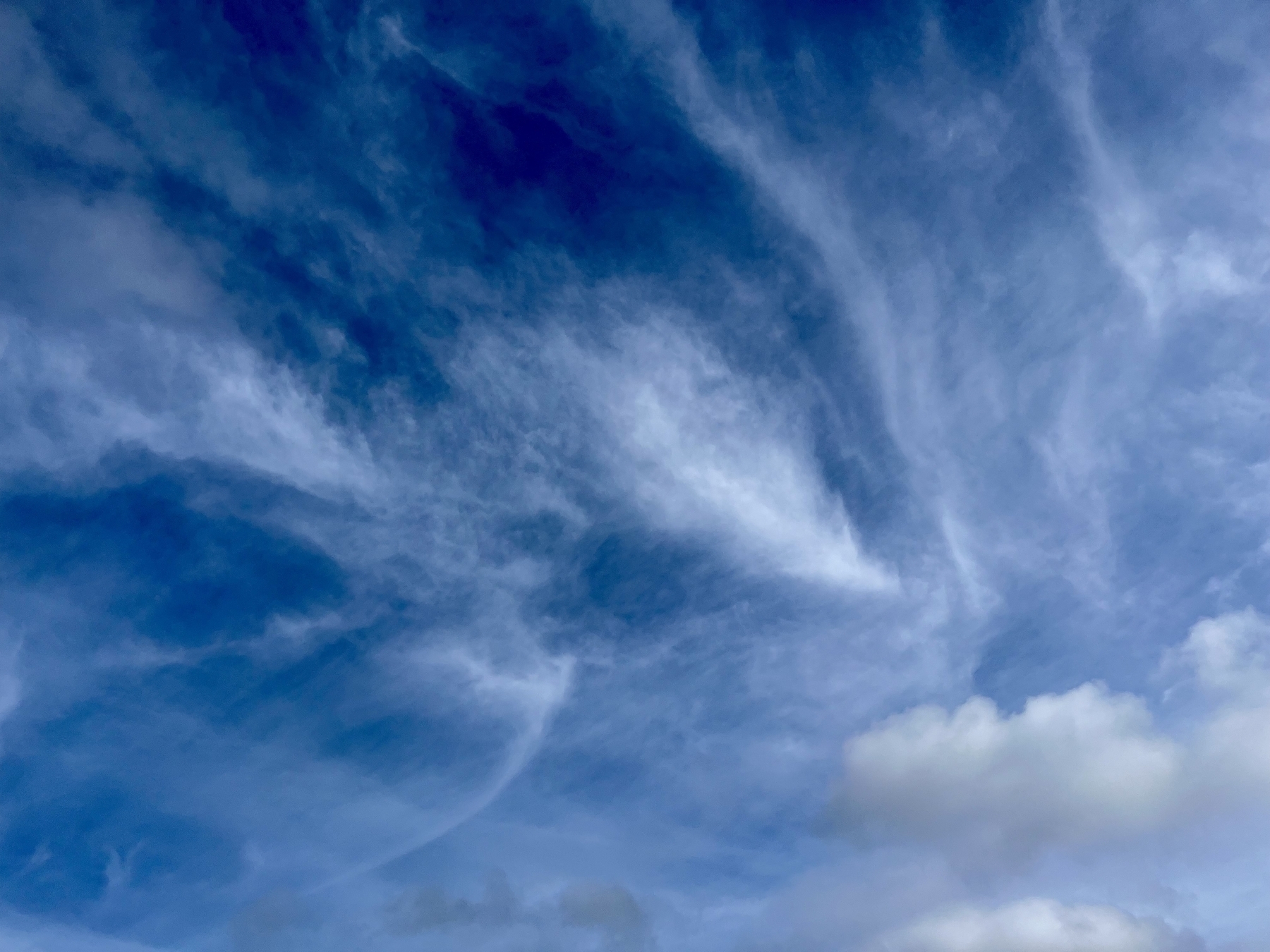 A blue sky with wispy white clouds trailing from the lower right to upper left of the frame. 