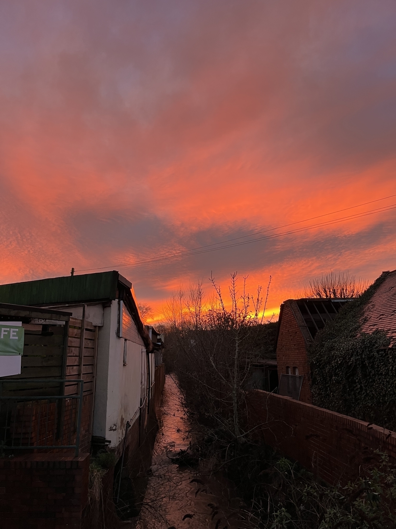 A deep orange and pink sky at sunset, seen reflected in a small stream running behind a row of terraced houses. 