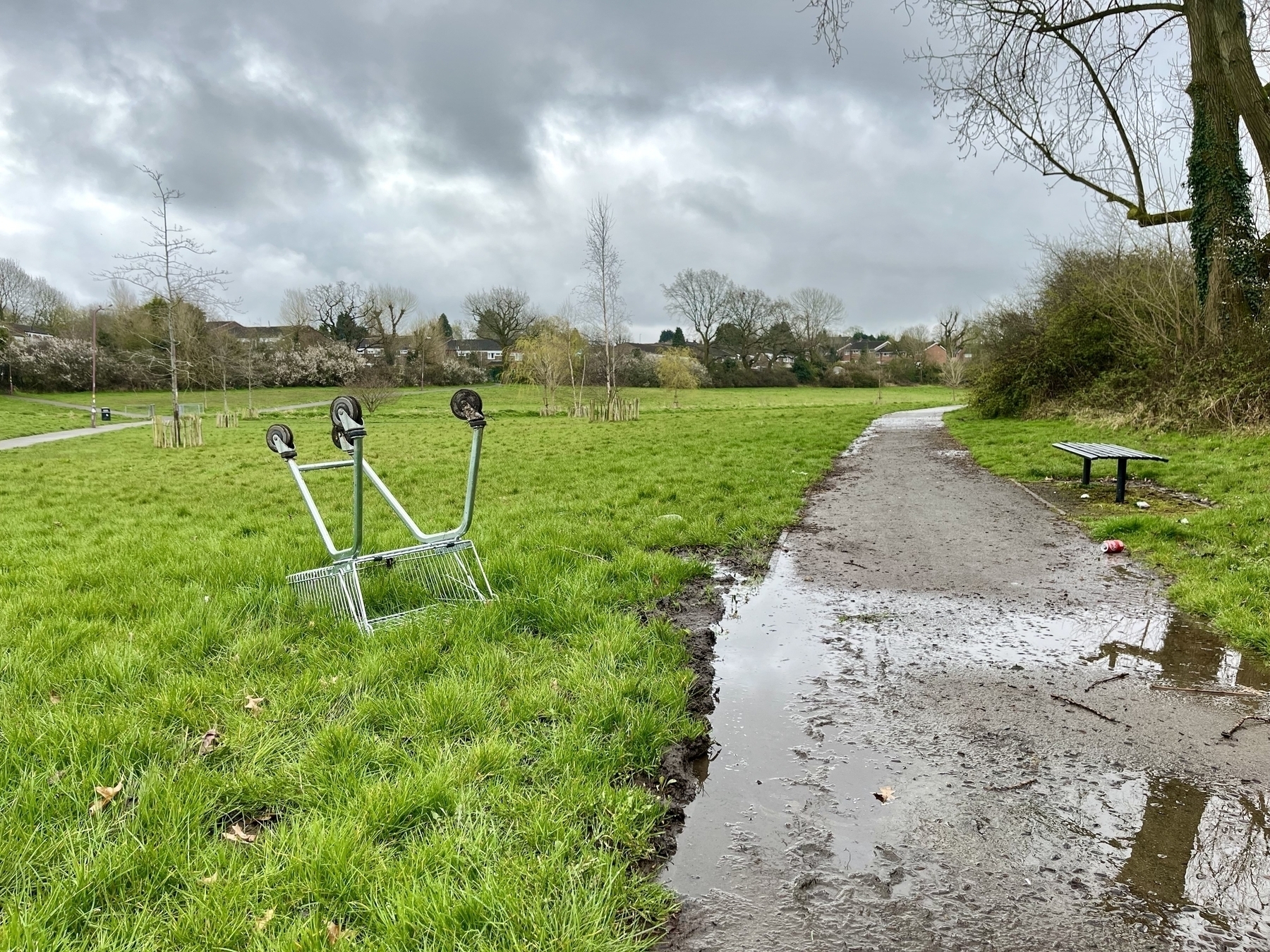 An upside down shopping trolley (cart) sitting on a grassy area in a park, next to a muddy path. Dismal grey clouds overhead. 