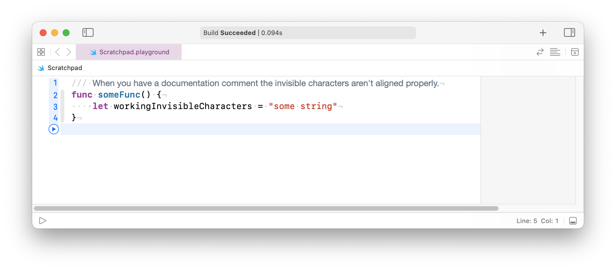 screenshot of xcode showing invisibles in documentation comment misaligned layout