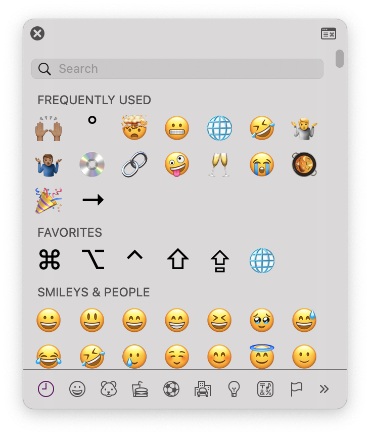 macOS emoji picker with favorites shown
