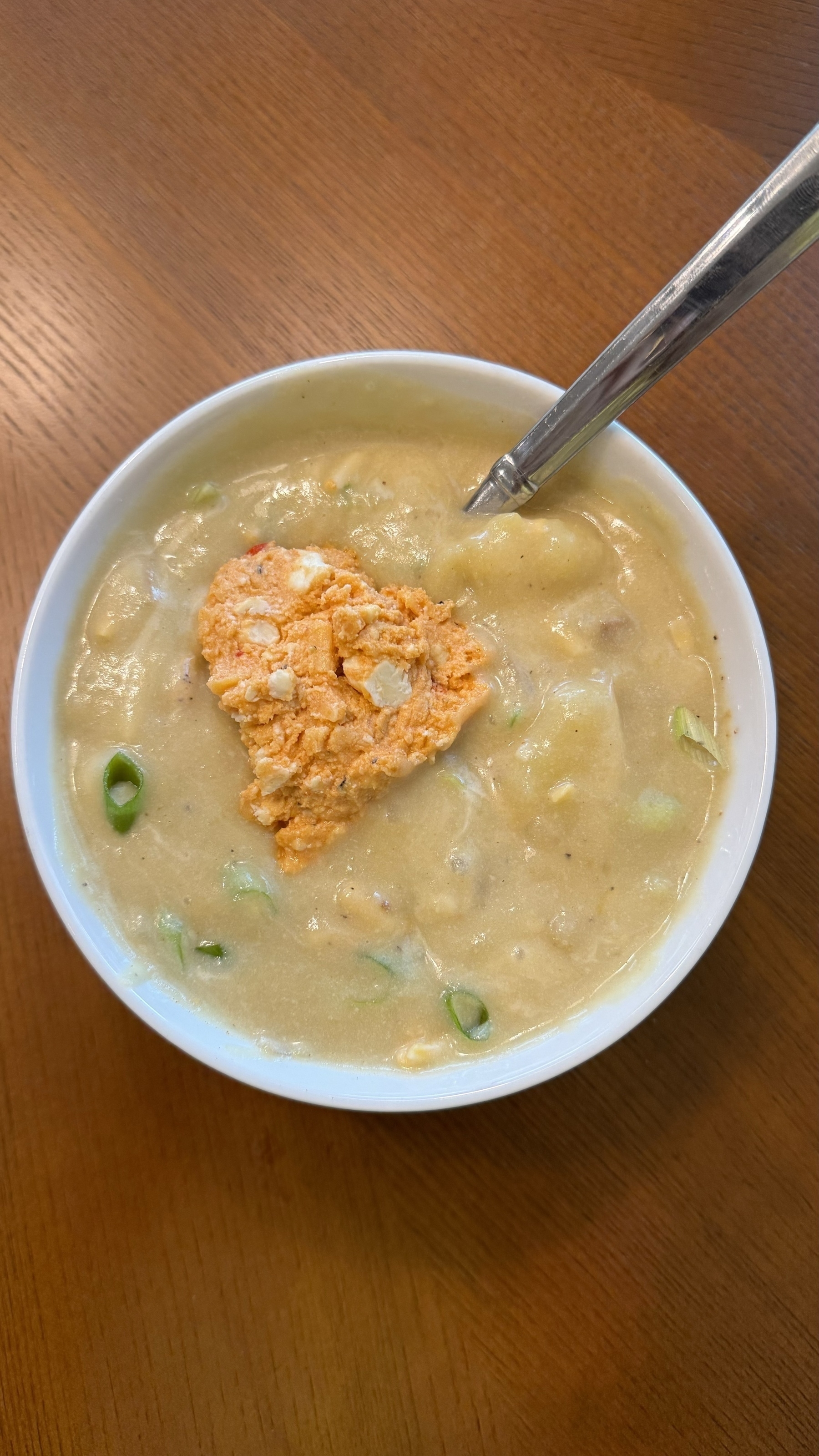 vegan potato soup mixed up and vegan pimento cheese added