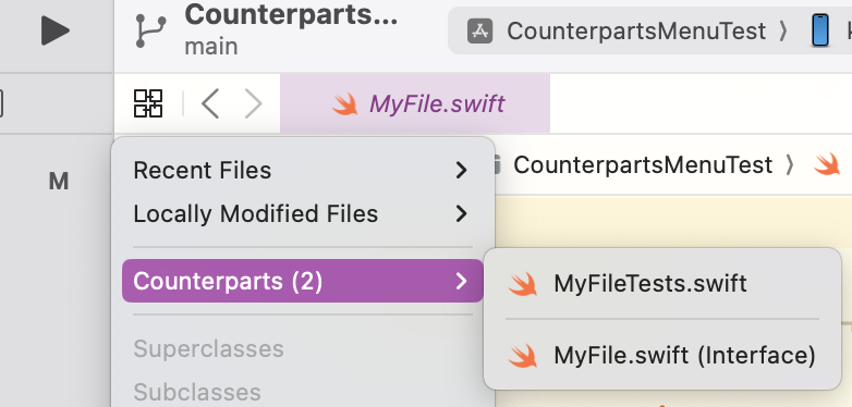 Screenshot of Xcode counterparts menu showing tests when test file ends with the word Tests