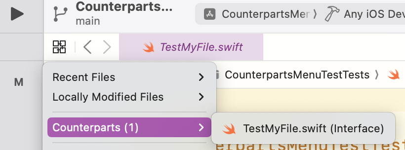 Screenshot of Xcode counterparts menu not showing tests when the test file name is prefixed with the word Test