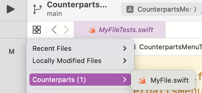 Screenshot of Xcode counterparts showing test file and file name when test file name ends with the word Tests