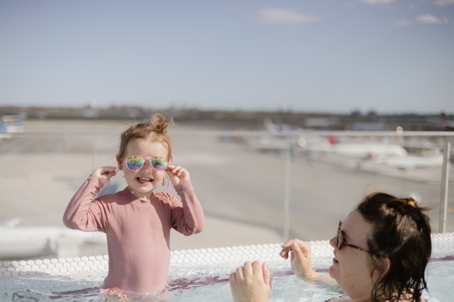 Goldie at the rooftop pool at the TWA Hotel at JFK Airport