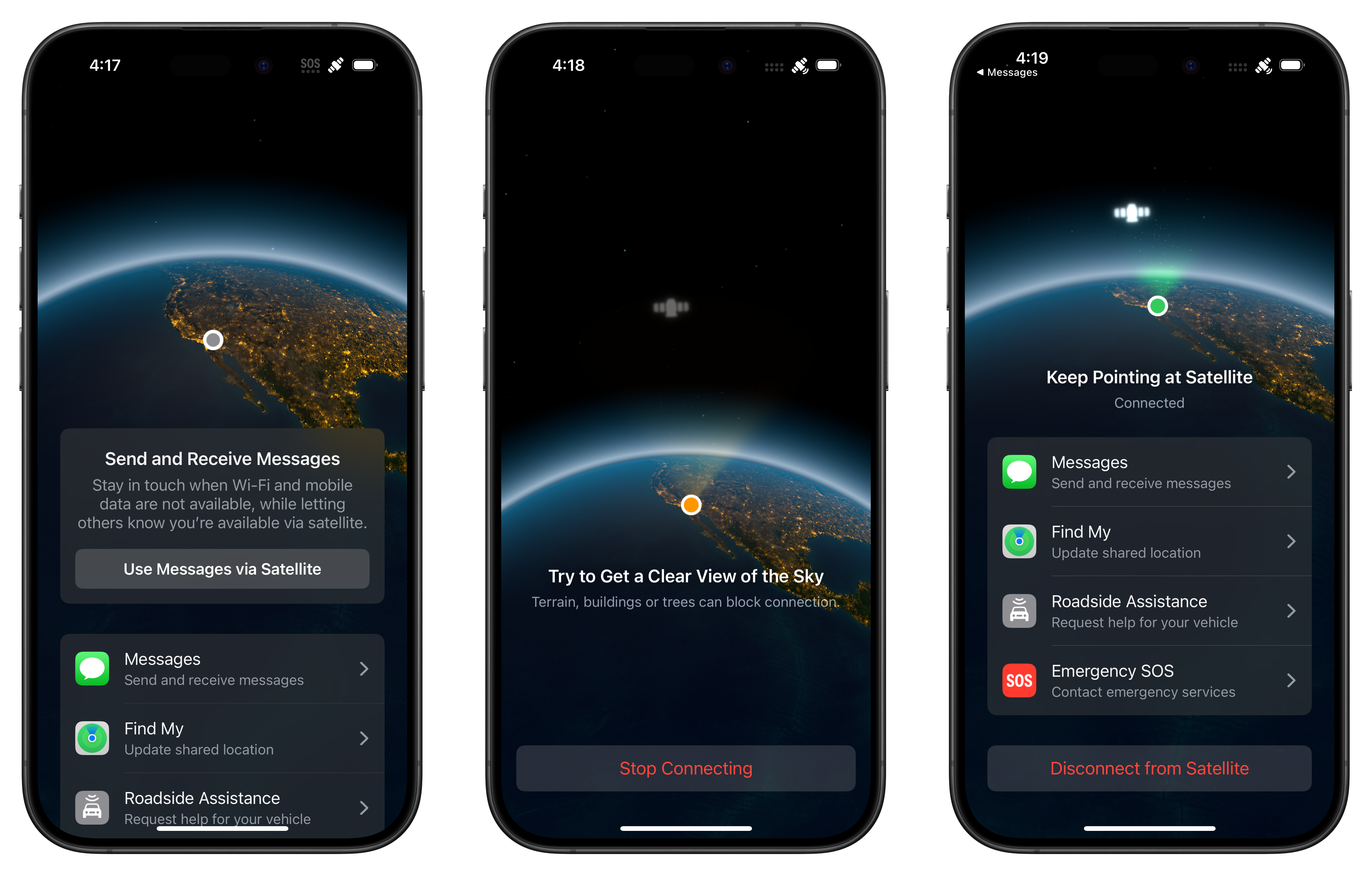 Auto-generated description: Three smartphone screens display satellite connectivity features, showing options for sending messages and accessing services like Find My and Emergency SOS.