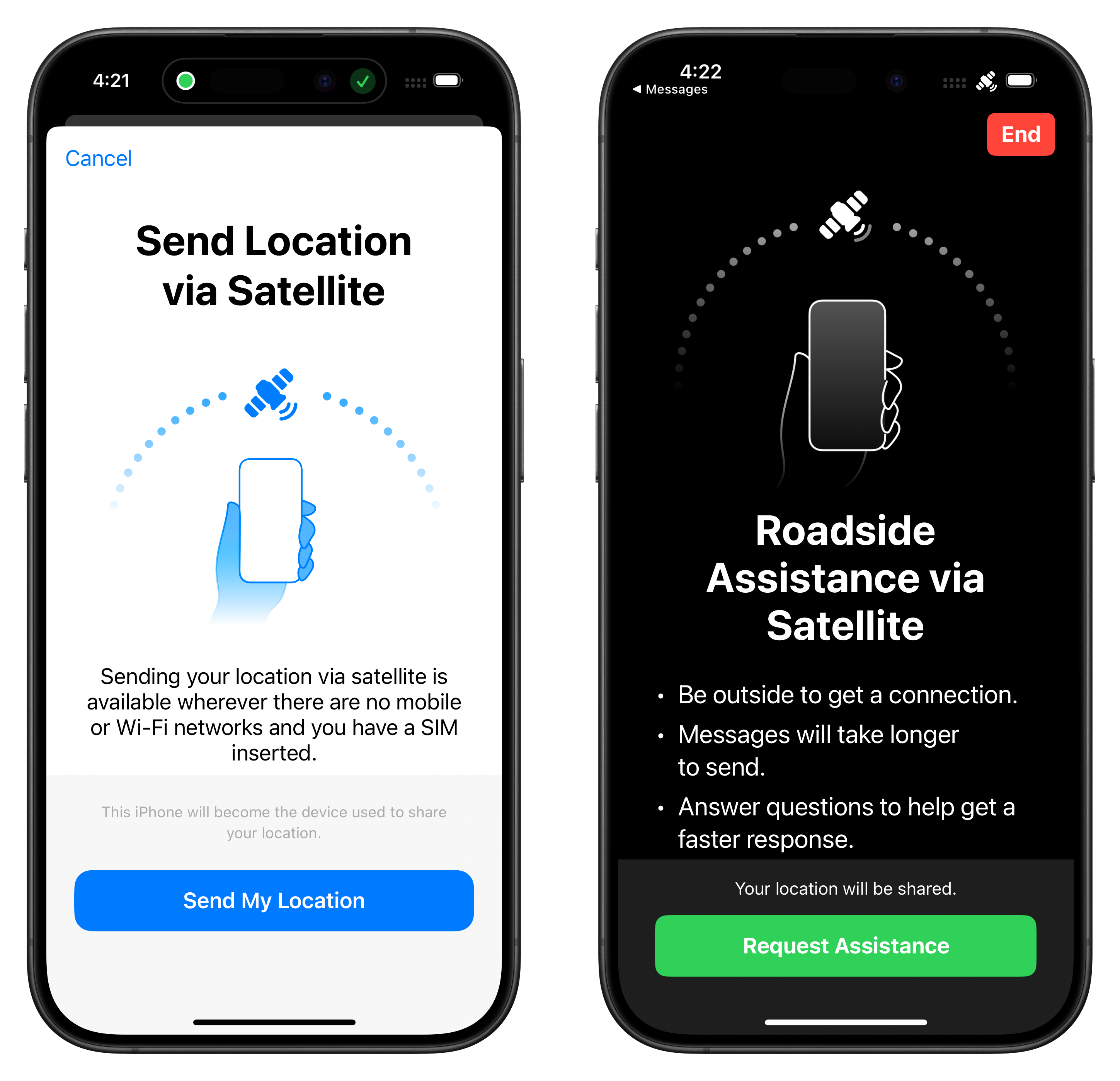 Auto-generated description: Two smartphone screens display satellite communication features, one for sending location and the other for roadside assistance.