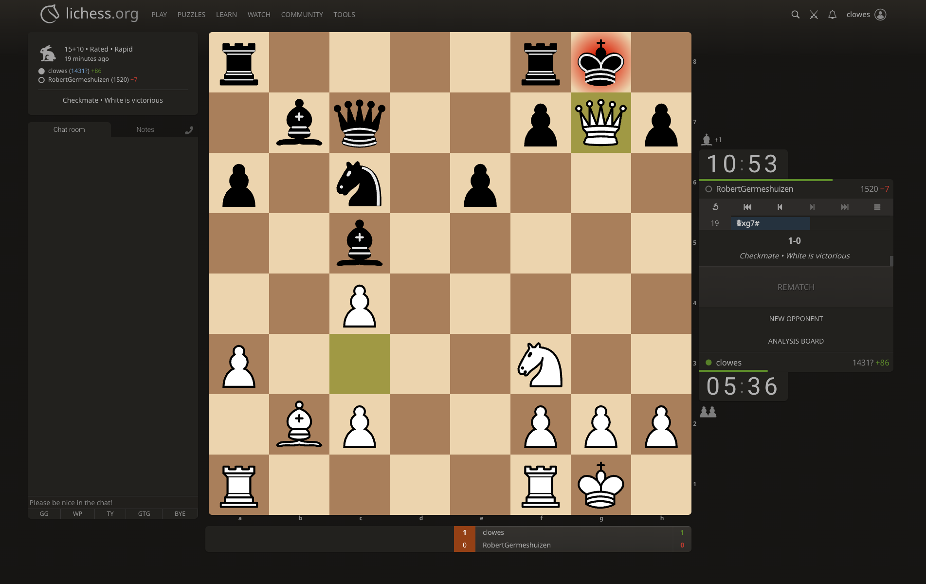 A digital chessboard shows a game on lichess.org with White in a winning position, as the white queen threatens the black king on g7.